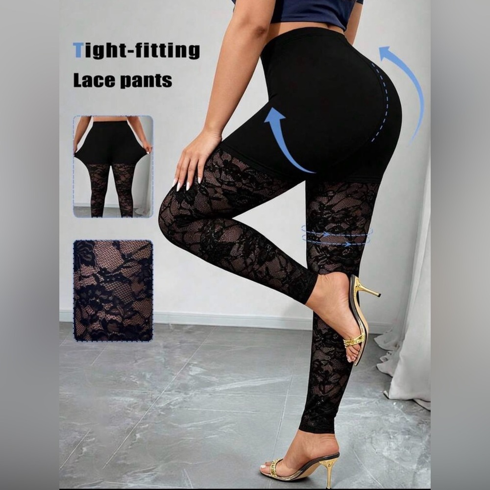 SHEINCurve+ Black High-Waist Lace Leggings